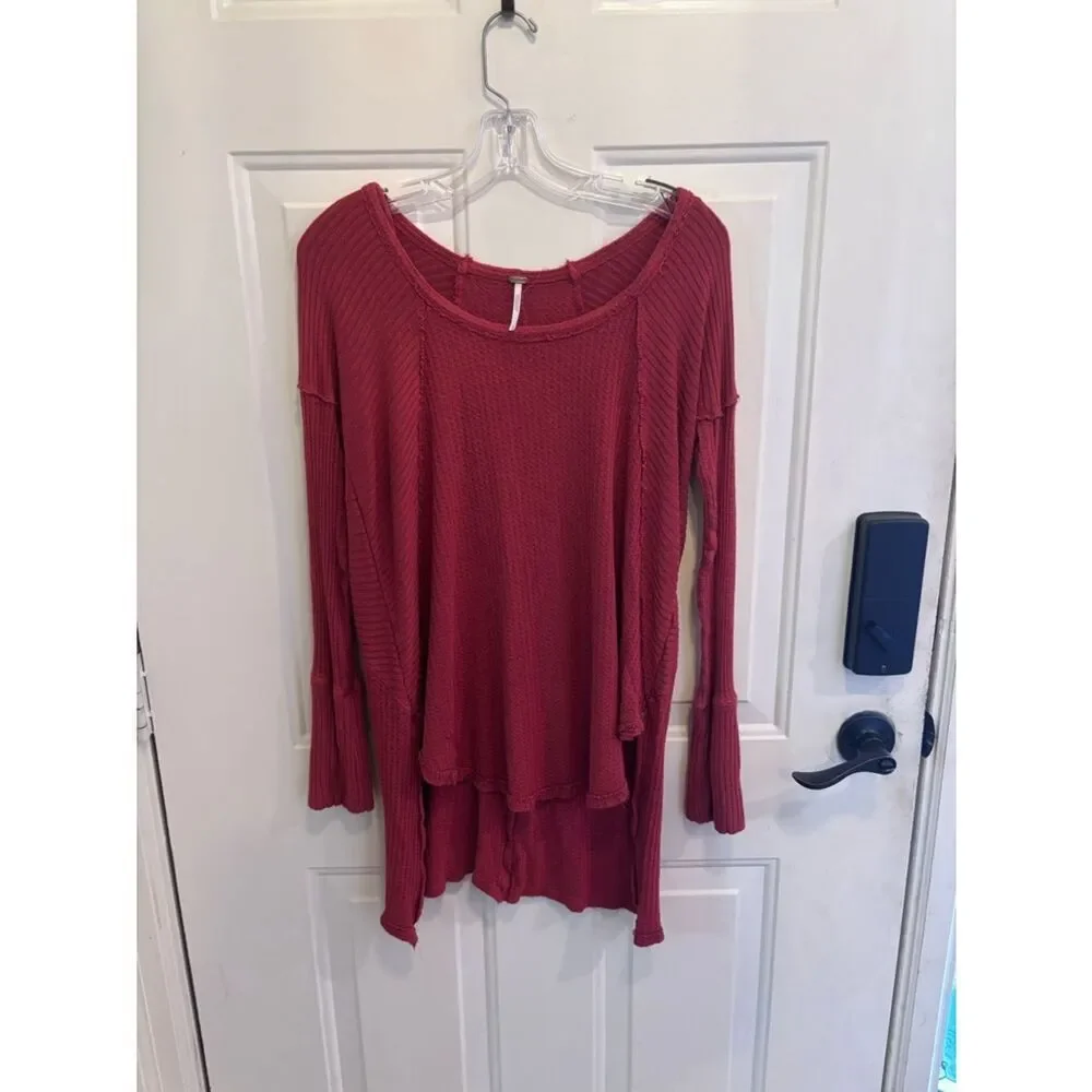 Free People Rust Red Waffle Knit Long Sleeve Top